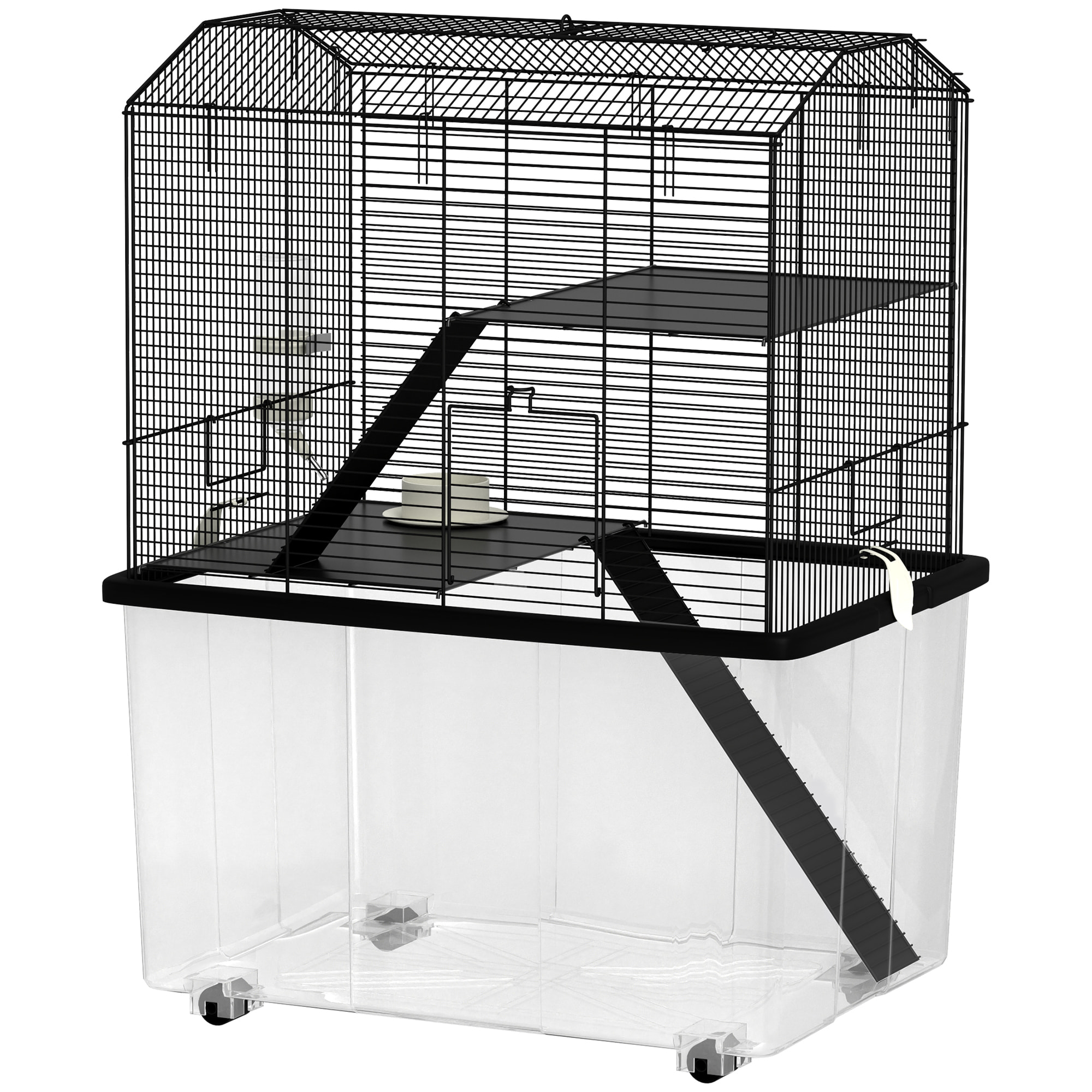 Cage rongeur hamster 3 étages - roulettes, plateforme, échelle, accessoires - PP transparent acier noir