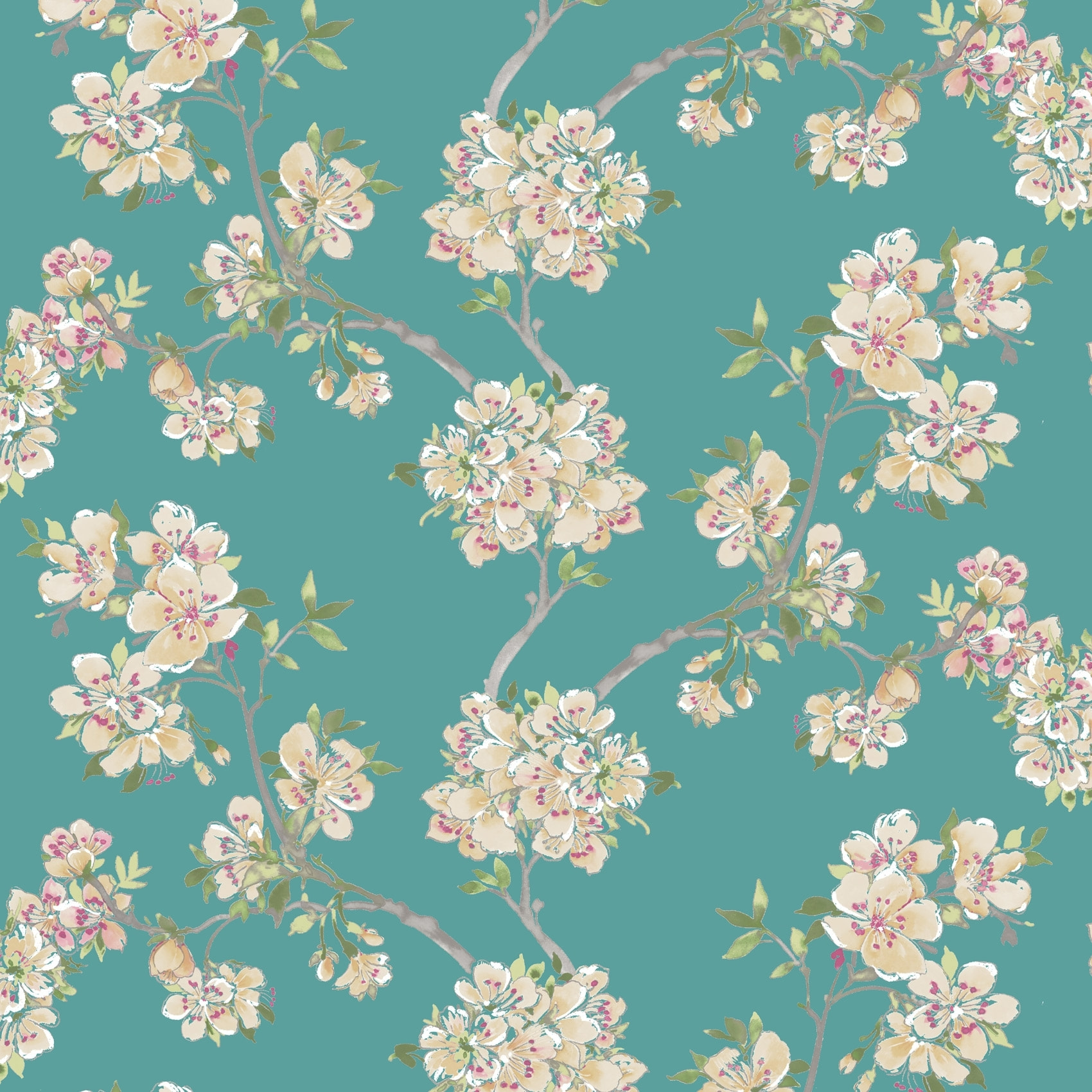 Tissu enduit imprimé prunus - Vert clair