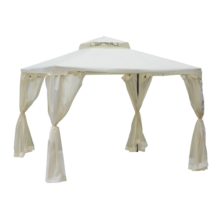 Cenador de Jardín 3x3 m Pabellón de Exterior con Doble Techo de Ventilación 4 Cortinas Mosquiteras Laterales con Cremallera 4 Orificios de Drenaje para Fiestas Patio Crema