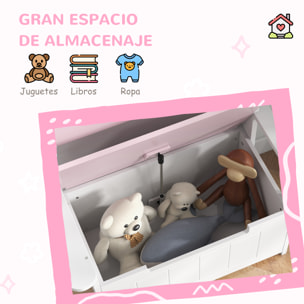 Baúl para Juguetes Infantil, Banco Almacenaje para Niños, con Respaldo y Tapa Amortiguadora, Carga 30 kg, para Salas de Juego, Dormitorio, 68,5x34x58 cm, Rosa y Blanco