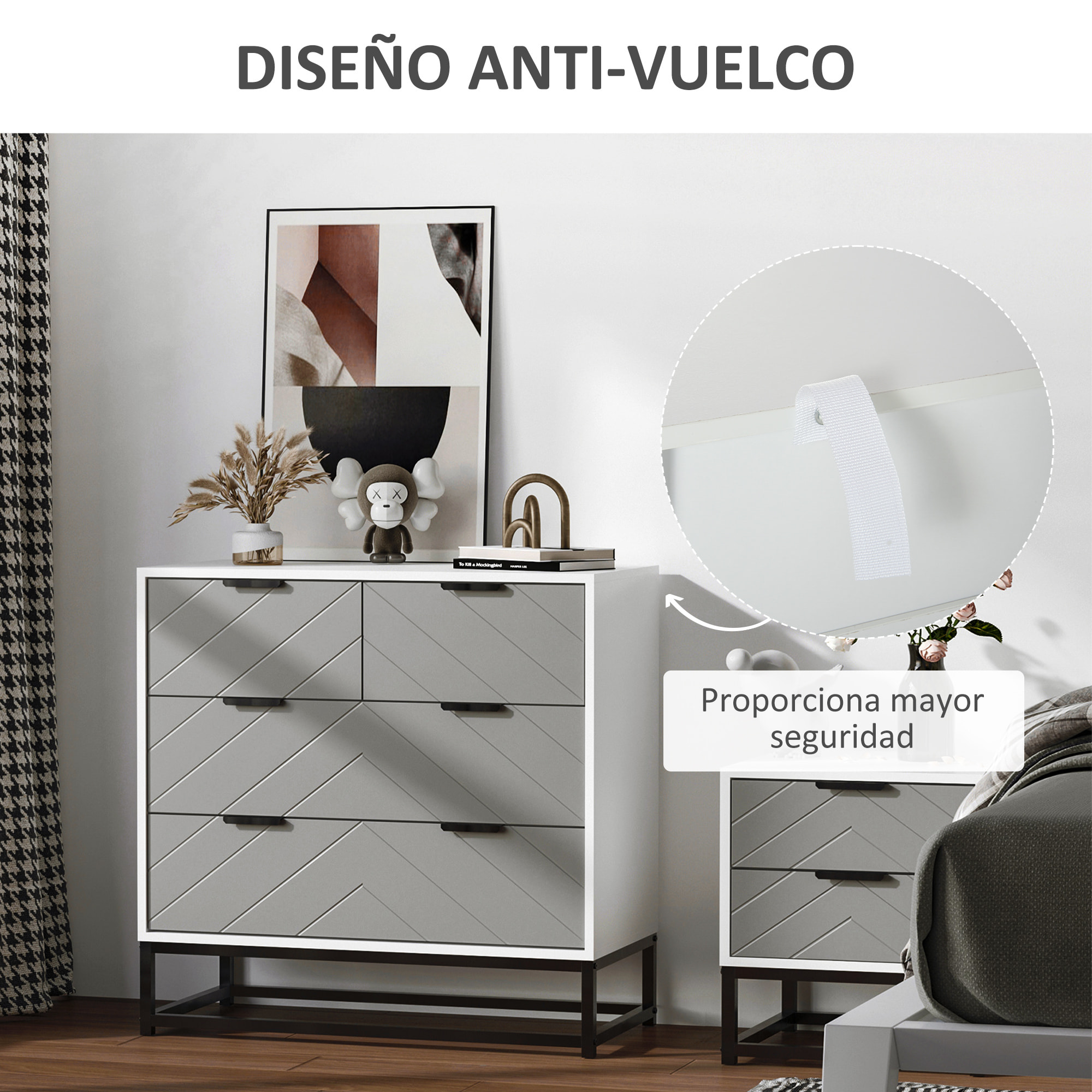 Cómoda de Noche para Dormitorio de Madera y Metal 80x40x79 cm