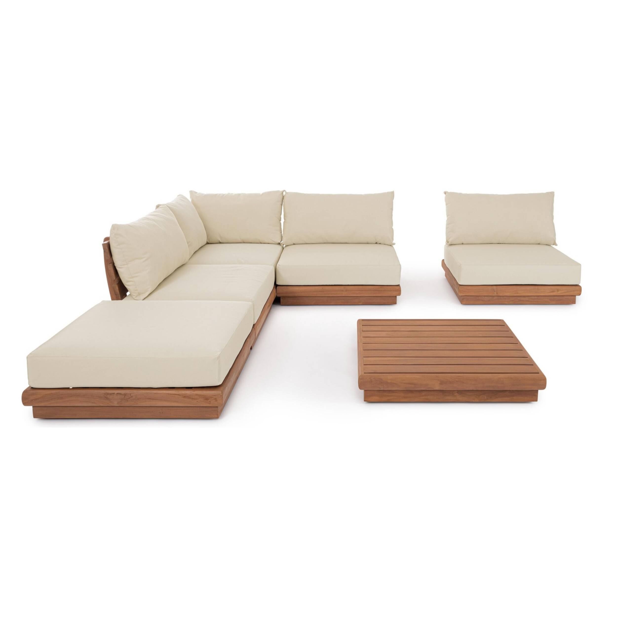 Poggiapiedi di design BILBAO in legno teak e tessuto beige