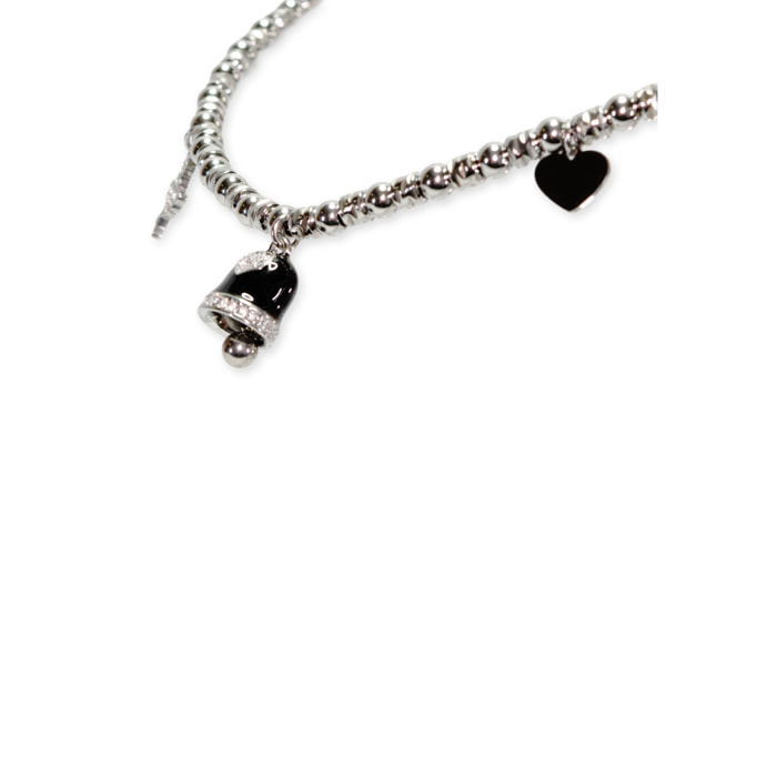 Collana in acciaio silver a sfere con charms nero e strass