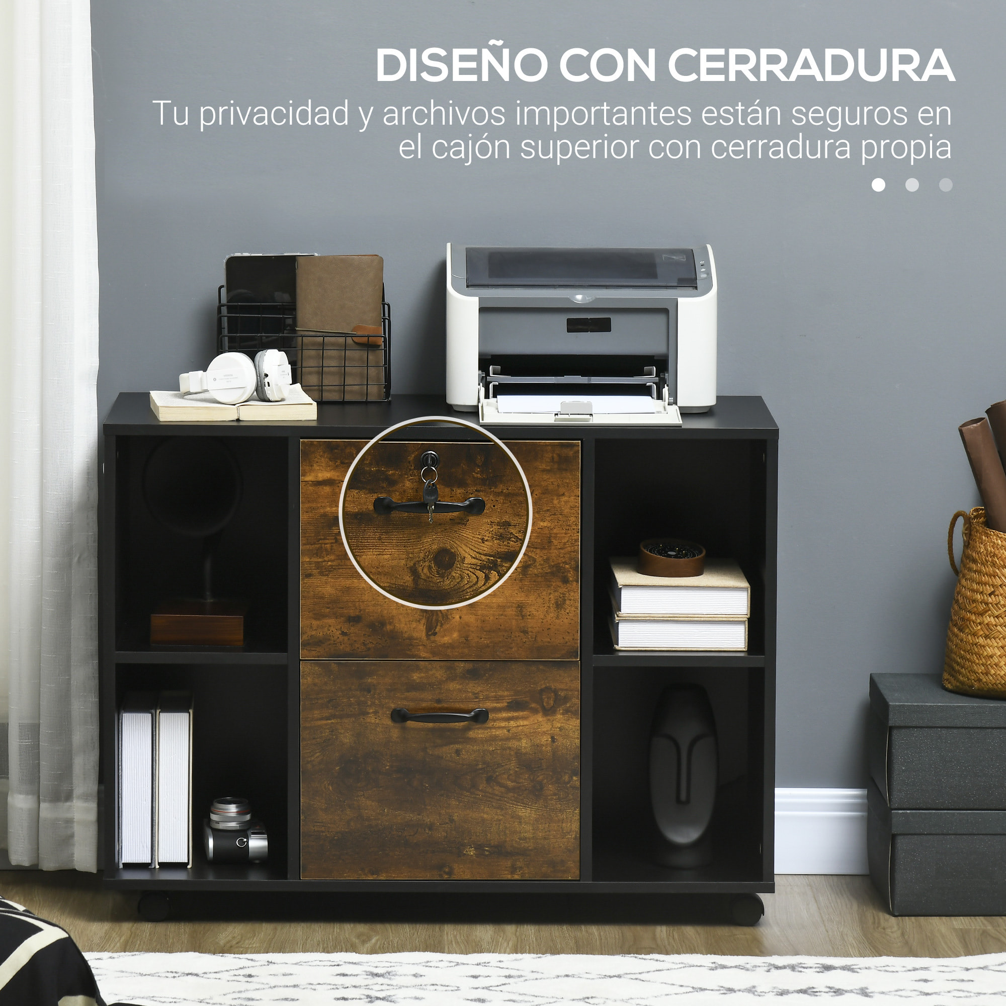 Vinsetto Mueble Impresora con Ruedas y 2 Cajones Armario para Impresora con Cerradura y Estantes Abiertos para Documentos Tamaño Carta y A4 90x37,5x68,5 cm Marrón Rústico y Negro