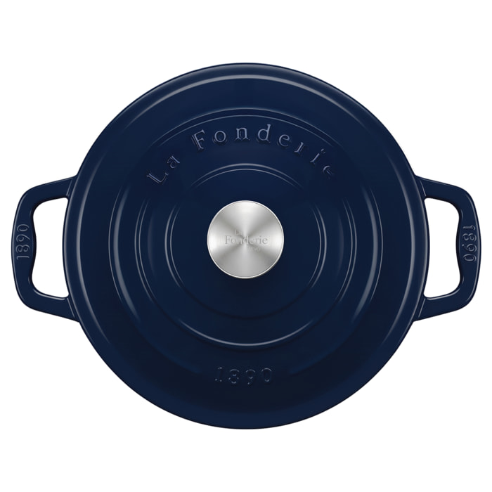 La Fonderie 1890 ALMA25, Cacerola de hierro fundido, 25cm, 4,7L, azul marino, compatible con todos los fuegos, inducción, gas, parrilla y horno.