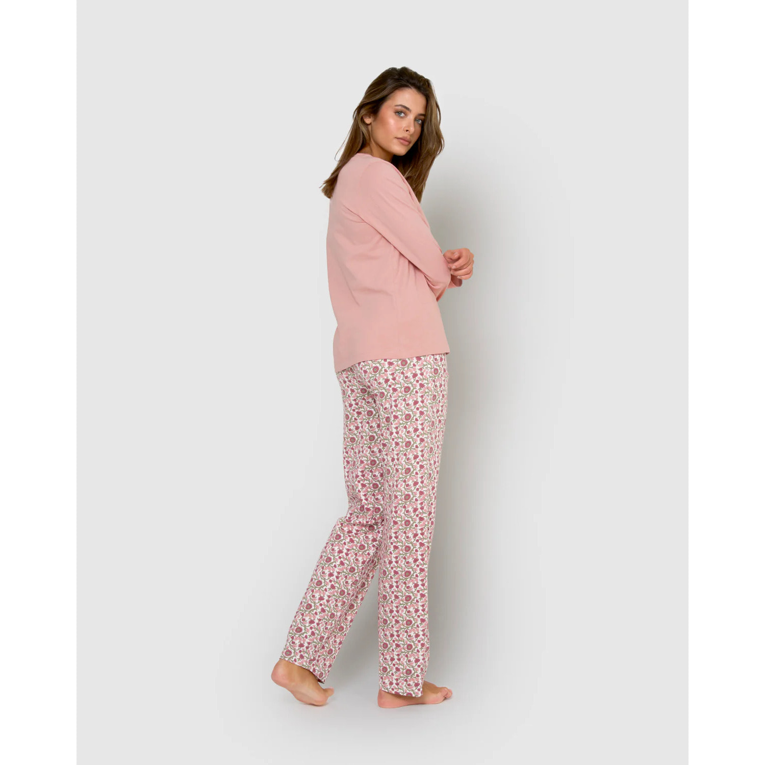 Pijama largo de algodón con escote pico amazonas rosa