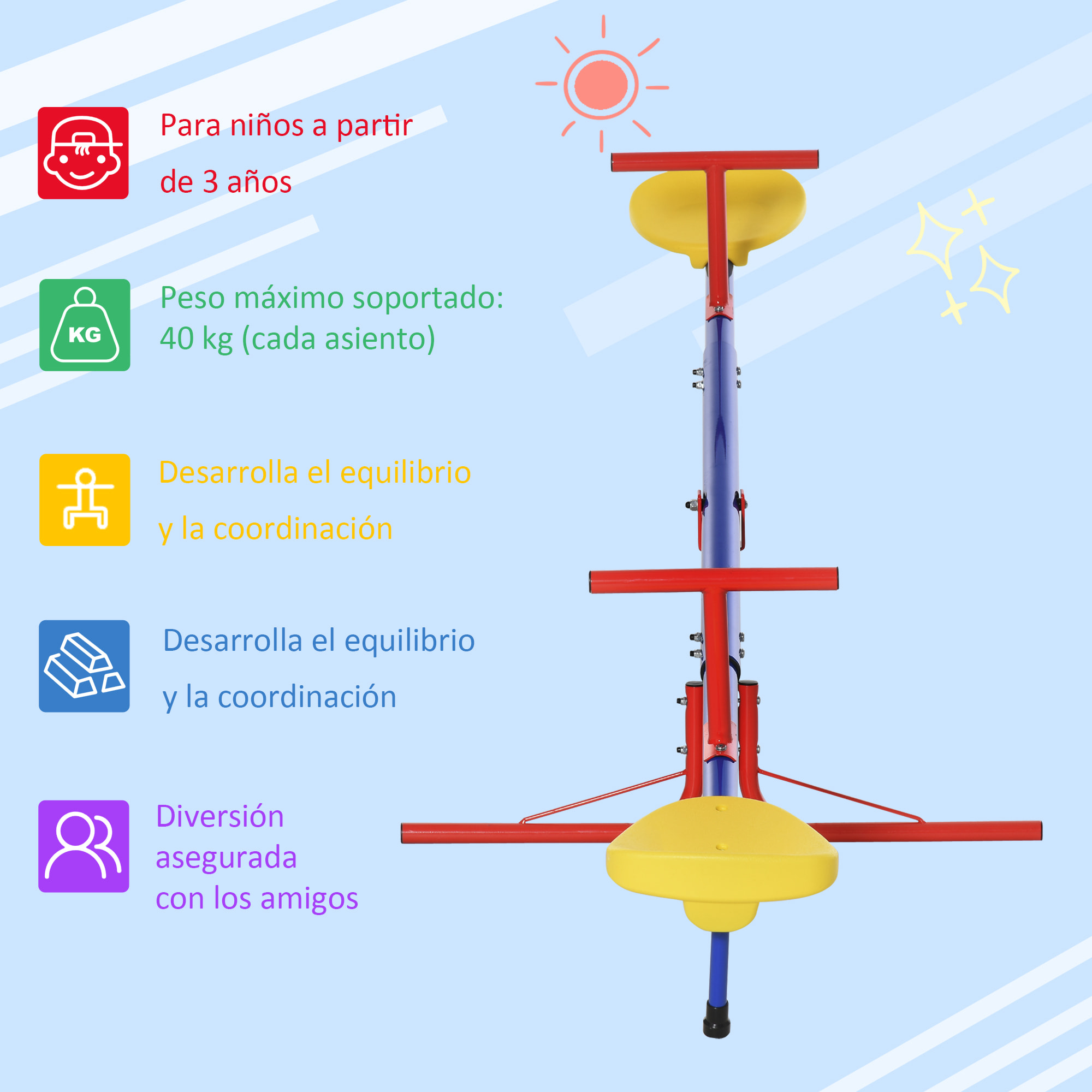 Balancín Giratorio Infantil 360 Grados con Base de 4 Varillas Topes 182x77x63cm