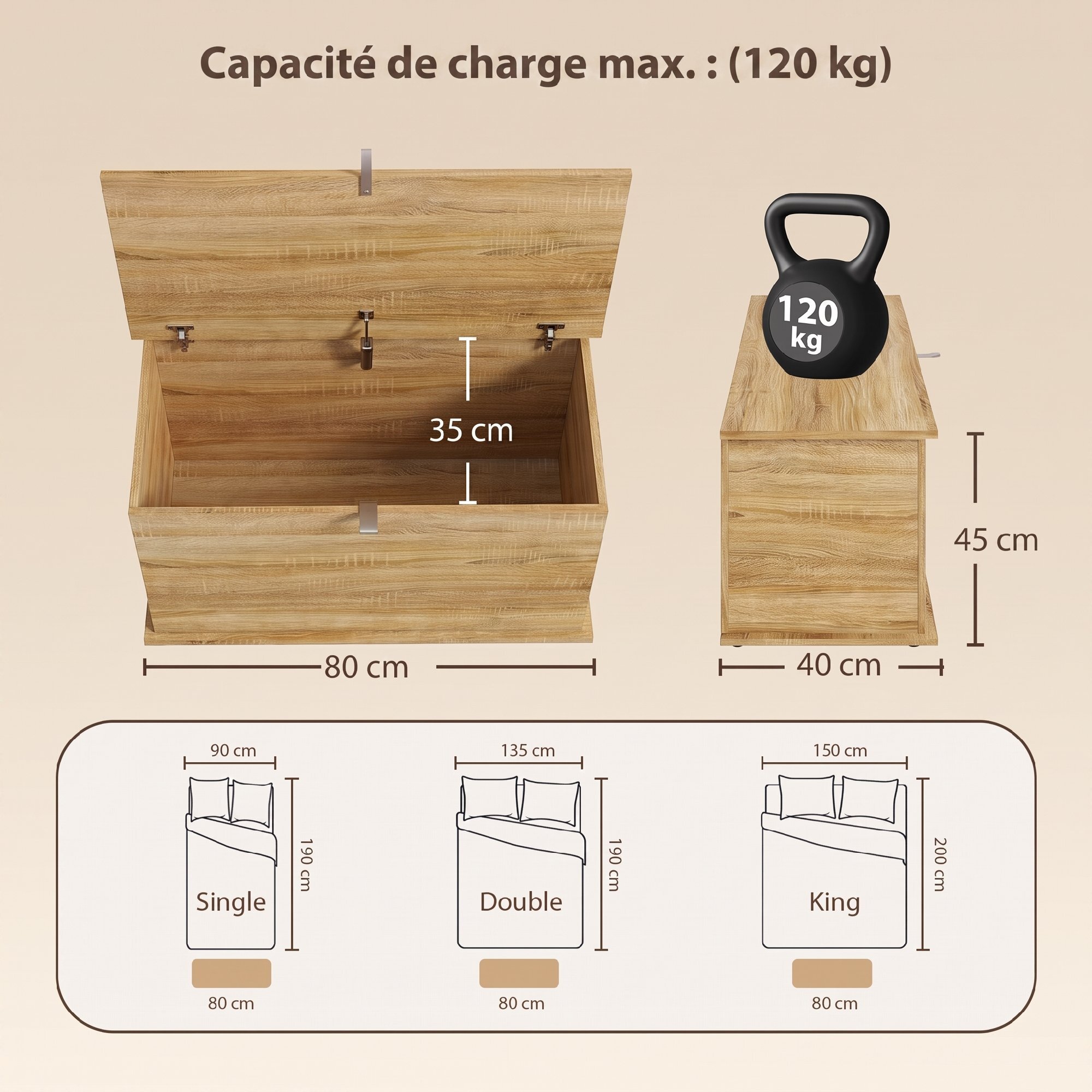 Coffre malle de rangement coffre à jouets dim. 80L x 40l x 45H cm effet bois clair