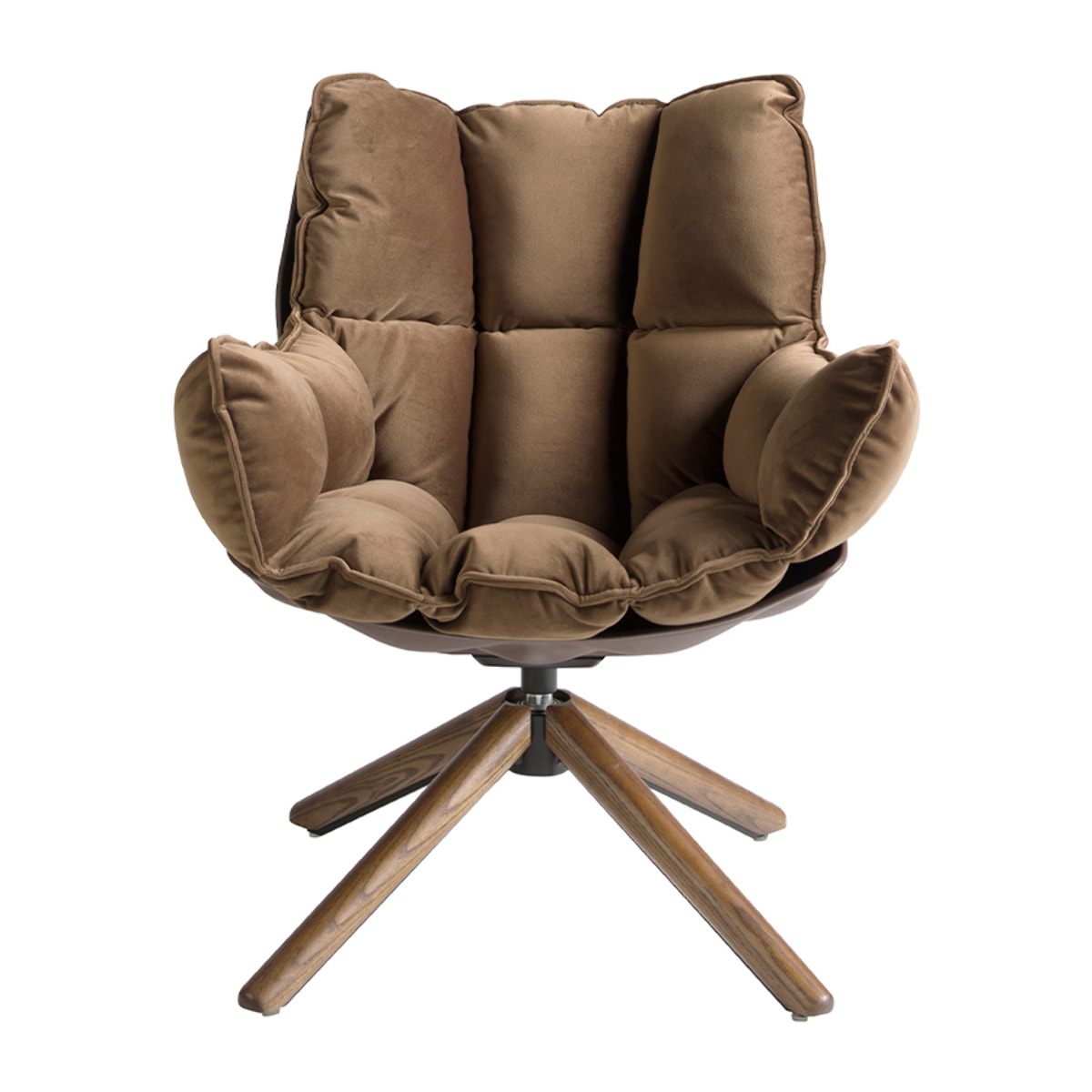 Sillón giratorio tapizado en tela aterciopelada en marrón con estructura de patas de madera en nogal 70x75x94cm