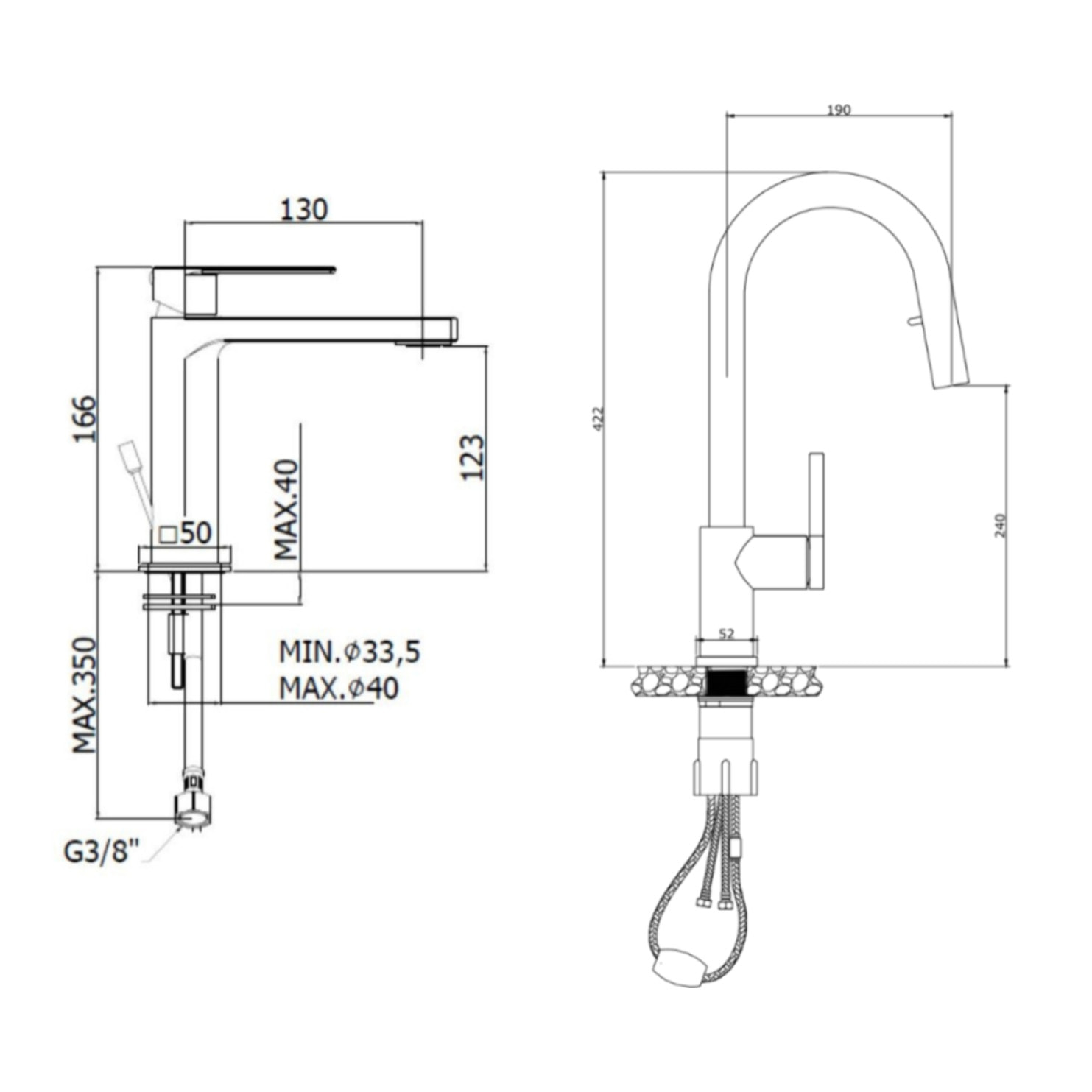 B-Way set mitigeur lavabo + mitigeur cuisine Ceramia Timeless acier inoxydable, douchette extractible, noir mat (SATTMLBM271)