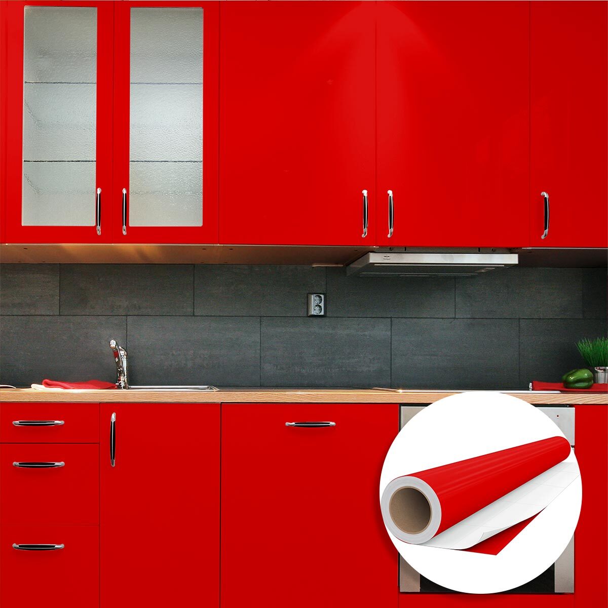 Rouleau adhésif décoratif Vinyle au Mètre - Rouge tomate - Sticker Lavable Imperméable Mur Cuisine Meubles