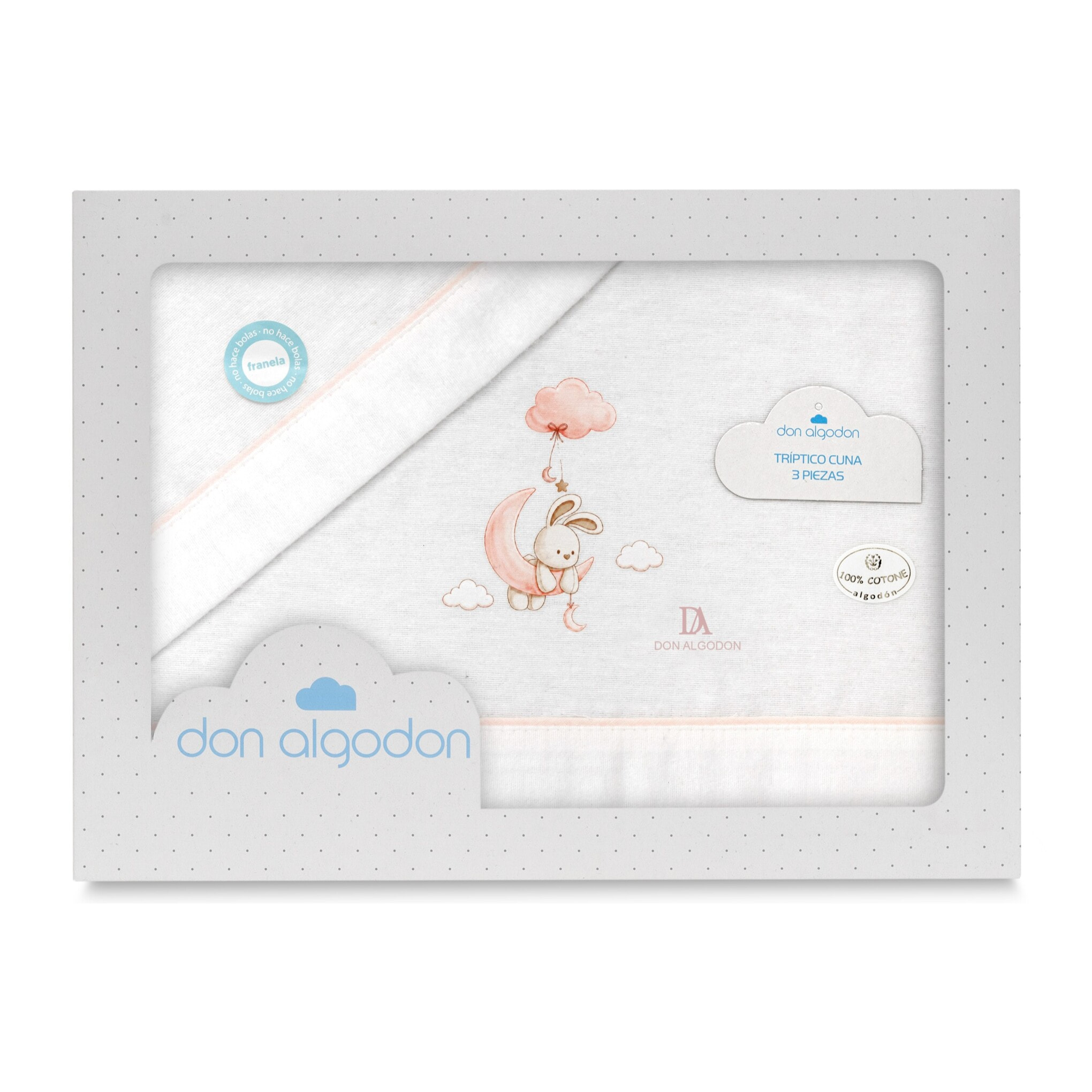 Triptico Cuna Franela Don Algodon Conejo Nubes Bco/Rosa