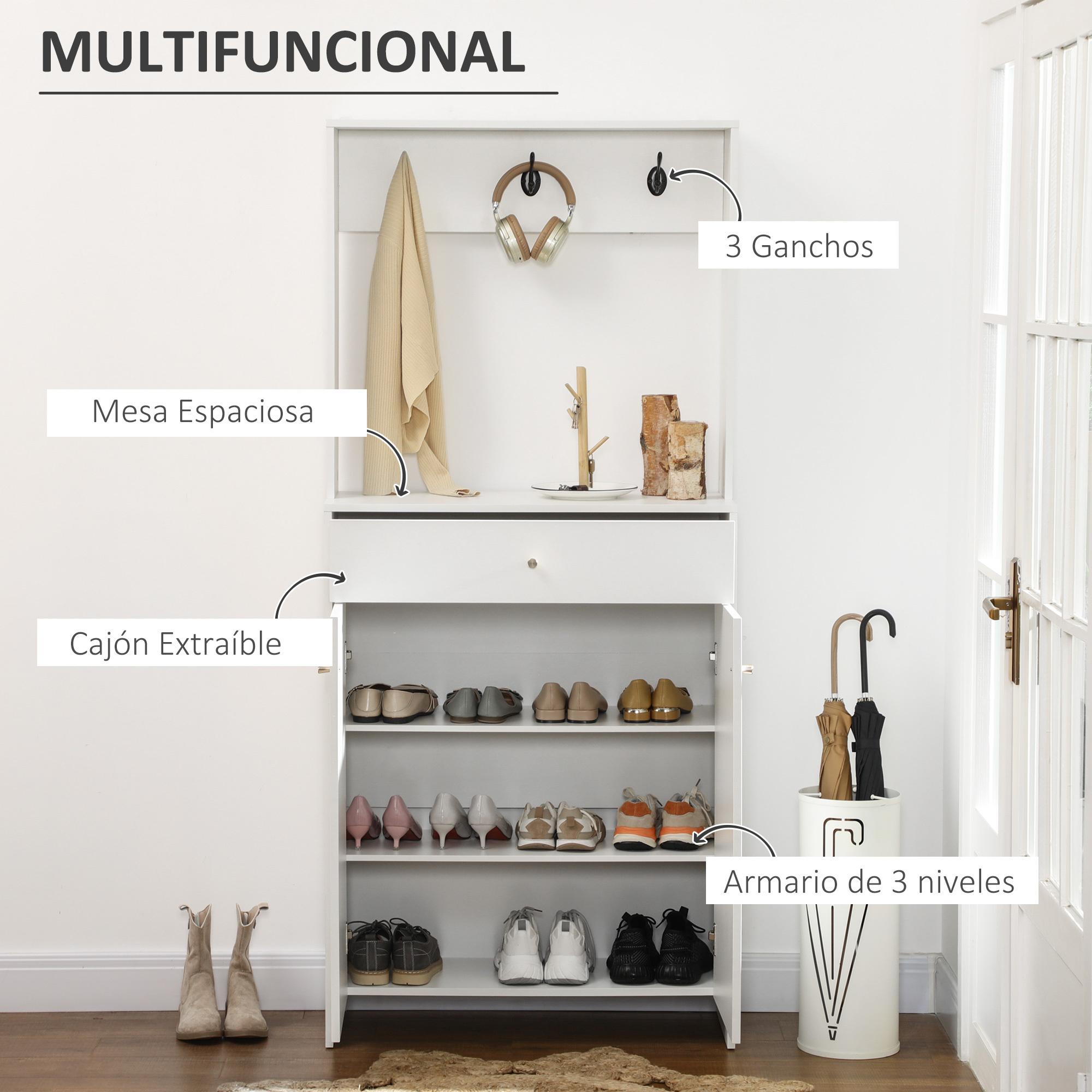 Mueble Zapatero con Perchero Armario de Zapatos con 3 Ganchos Cajón 2 Puertas y Estantes Ajustables para 12 Pares de Zapatos para Pasillo Entrada 80x32x180 cm Blanco