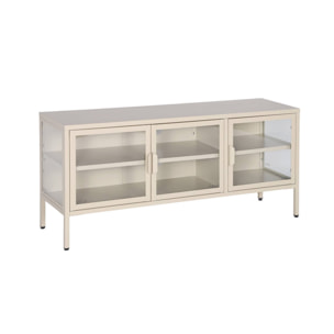 Meuble TV industriel métal et verre trempé 3 portes 120cm beige - Arkansas
