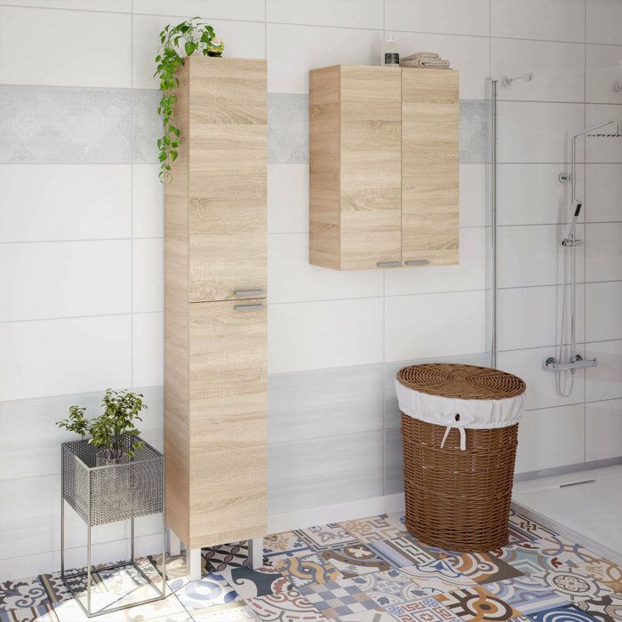 Colonna bagno Torrance, Mobile a colonna per bagno a 1 anta, Armadio pensile sospeso con 1 ripiano, cm 30x25h85, Rovere