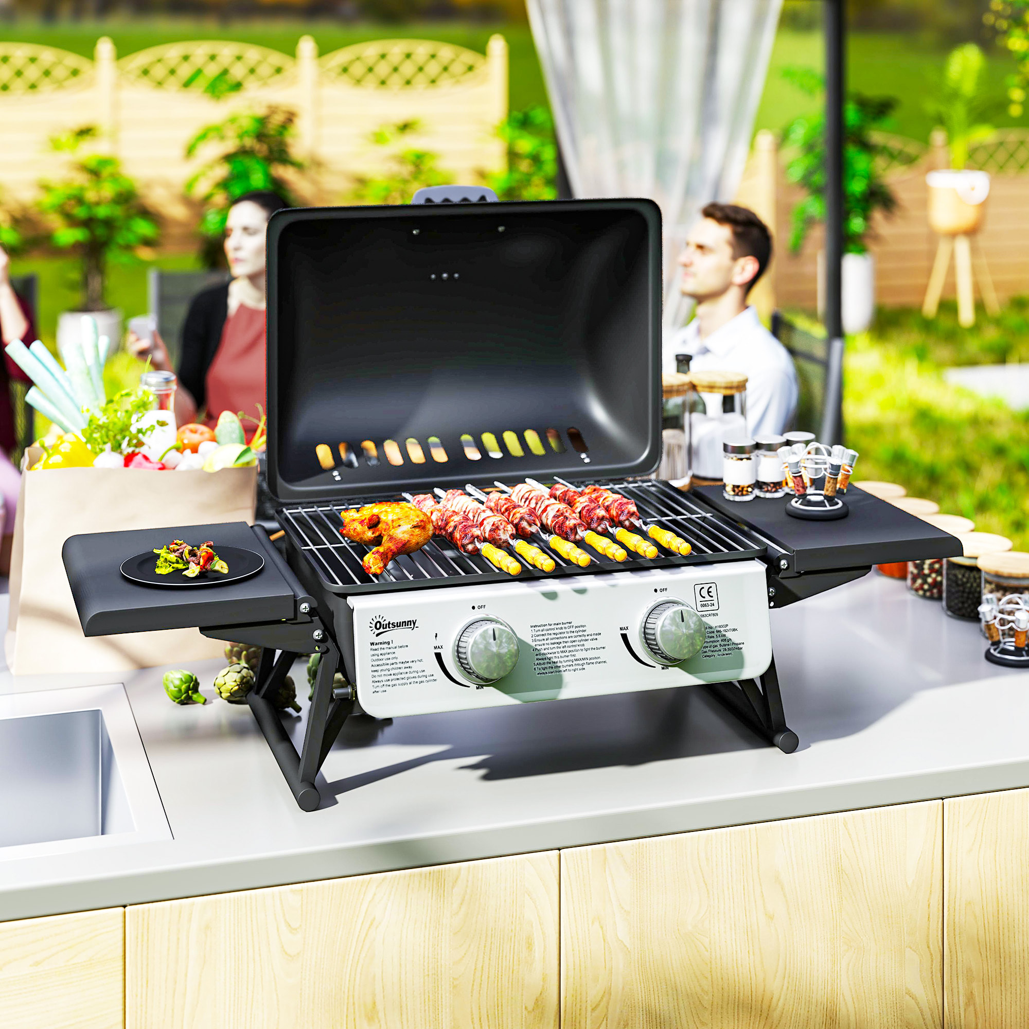 Barbacoa de Gas con 2 Quemadores de Acero Inoxidable 2,8 KW Barbacoa Portátil con Mesas Laterales Plegables Bandeja Extraíble y Termómetro para Pícnic Camping 101x48x41 cm Negro