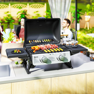 Barbacoa de Gas con 2 Quemadores de Acero Inoxidable 2,8 KW Barbacoa Portátil con Mesas Laterales Plegables Bandeja Extraíble y Termómetro para Pícnic Camping 101x48x41 cm Negro