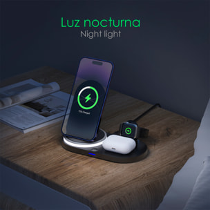 Base di ricarica wireless pieghevole 3 in 1. Base Qi da 15 W a doppia posizione, caricabatterie per Apple Watch e base Qi. Con luce notturna. Funzione supporto.