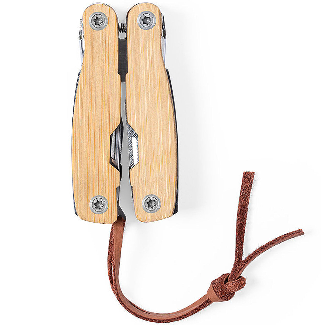 Multiherramienta Folnax de acero inoxidable y bambú con 12 funciones, incluye cinta de transporte en polipiel.