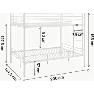 Lit double superposé avec sommier inclus "Adam" - 140 x 190 cm - Blanc