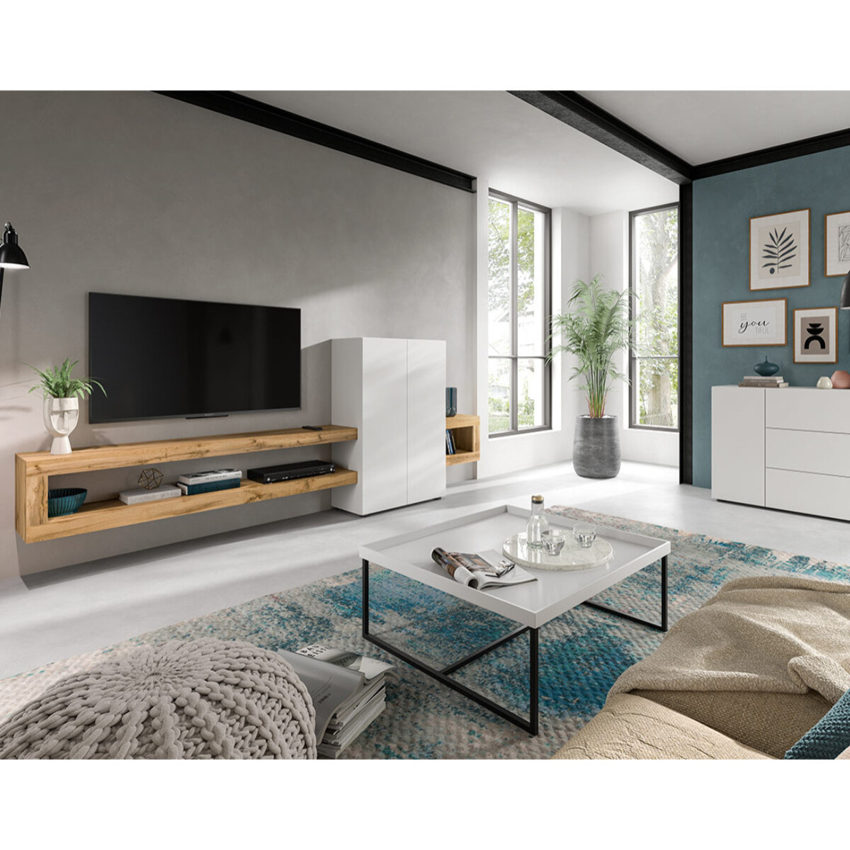 Ned - meuble tv suspendu - 2 portes et 2 étagères - bois et blanc - 270 cm - Bois / Blanc