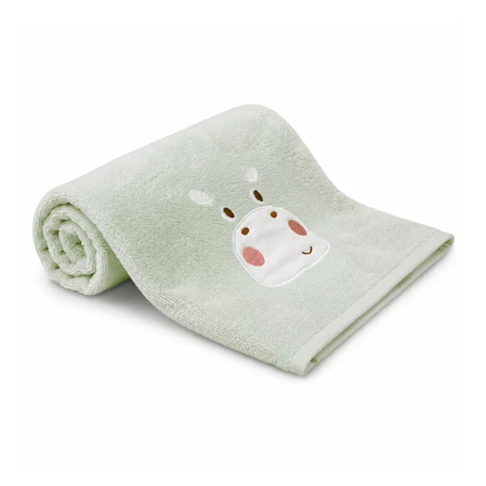 Serviette eponge enfant pur coton 500 g/m² brodé vert Petit hippo vert d'eau