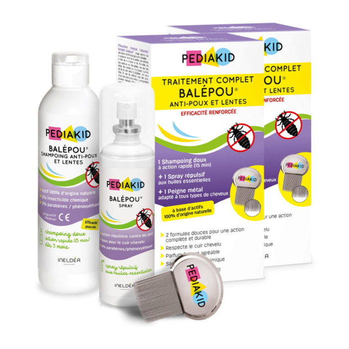 PEDIAKID - Traitement complet Balépou anti-poux et lentes - 1 Shampoing Anti-Poux et Lentes 200 ml + 1 Spray Répulsif 100 ml + 1 peigne - Lot de 2