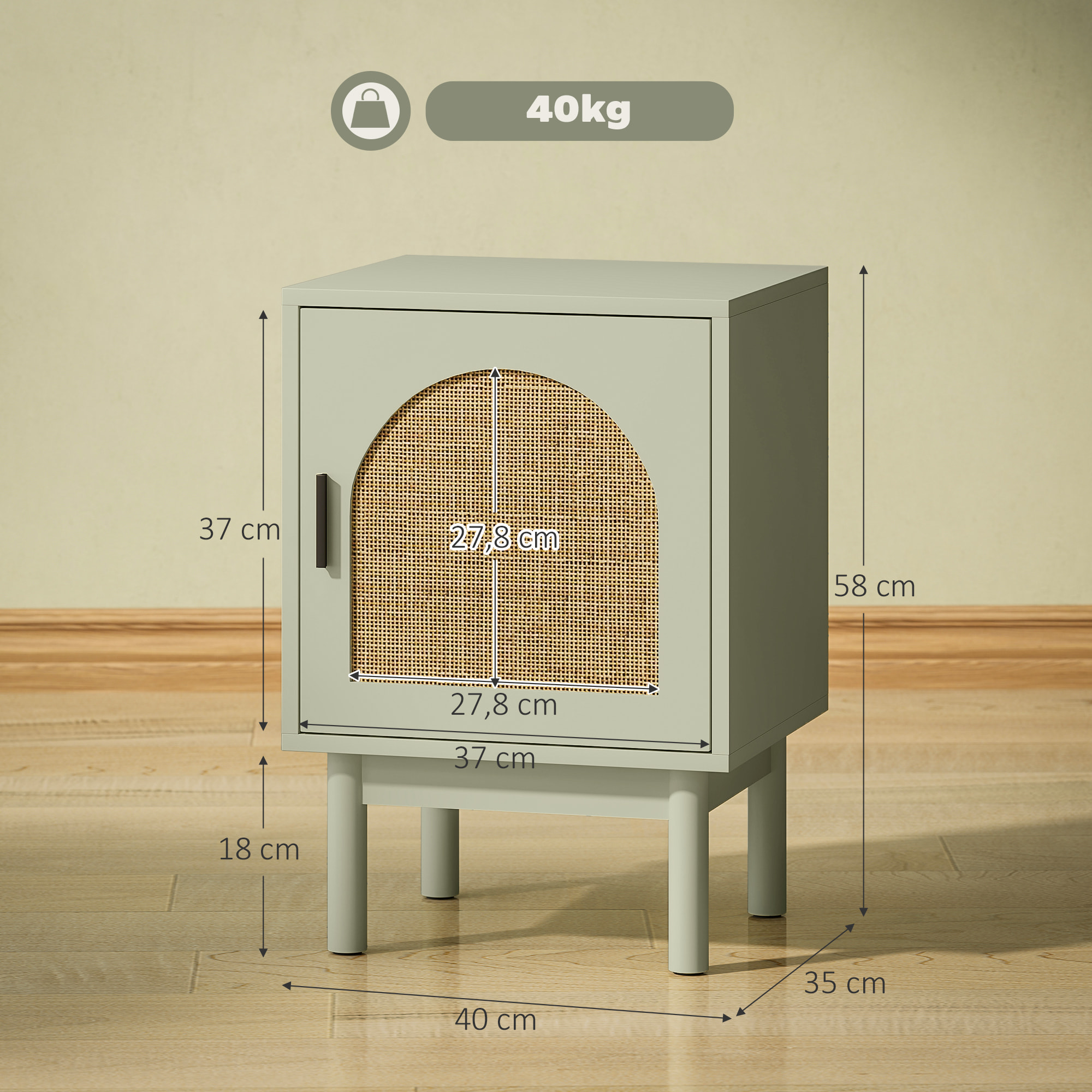 Mesita de Noche Mesilla de Noche con Puerta de Ratán Estante Ajustable y Patas de Madera Estilo Bohemio Mesa Auxiliar para Salón Dormitorio 40x35x58 cm Blanco