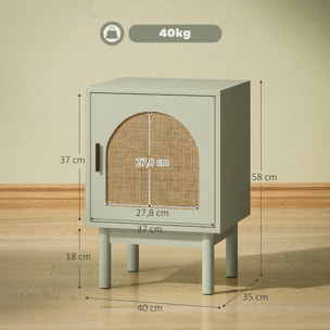 Mesita de Noche Mesilla de Noche con Puerta de Ratán Estante Ajustable y Patas de Madera Estilo Bohemio Mesa Auxiliar para Salón Dormitorio 40x35x58 cm Blanco