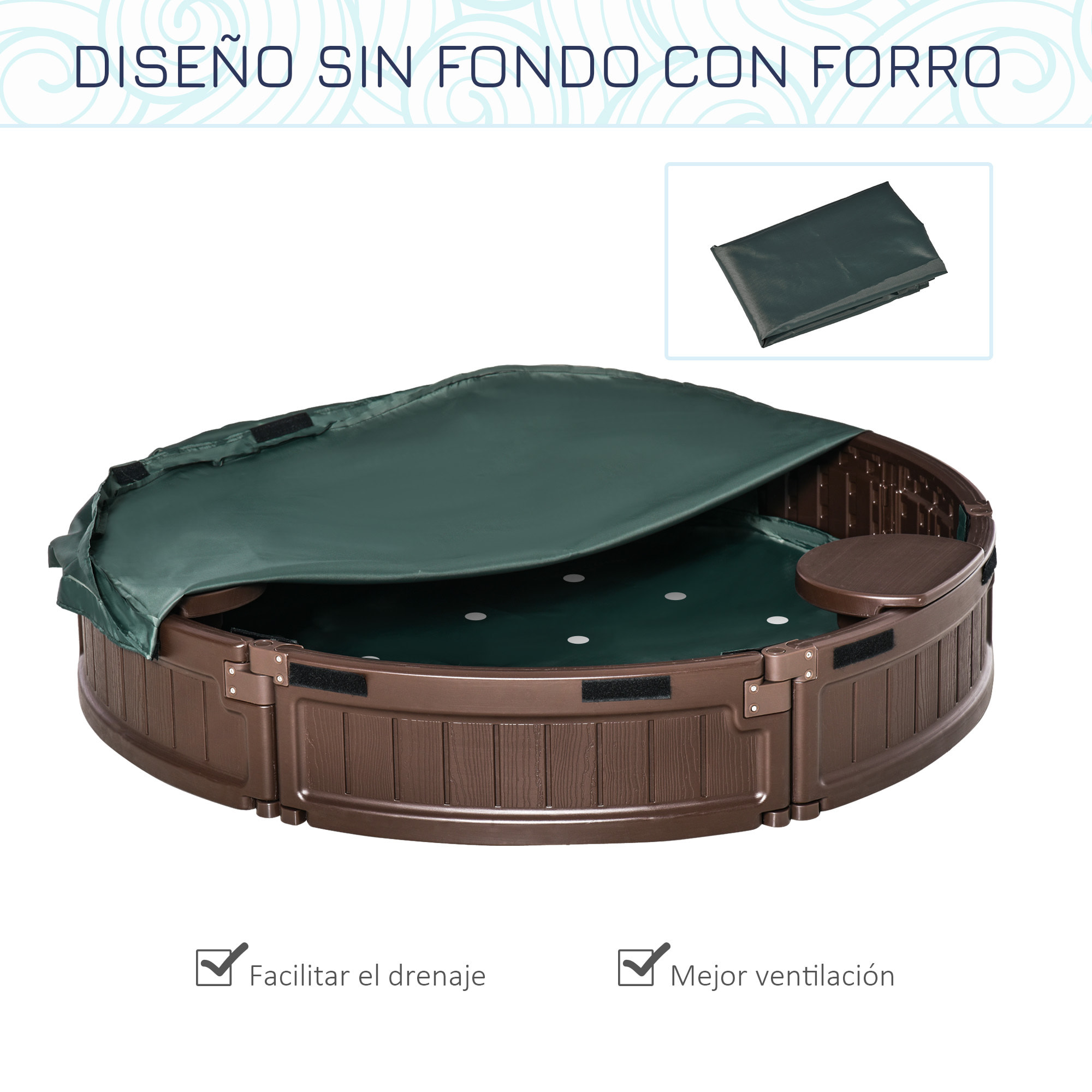 Arenero para Niños de +3 Años Arenero Infantil Redondo con Cubierta y Asientos Arenero para Exterior Ø123x22,5 cm Marrón