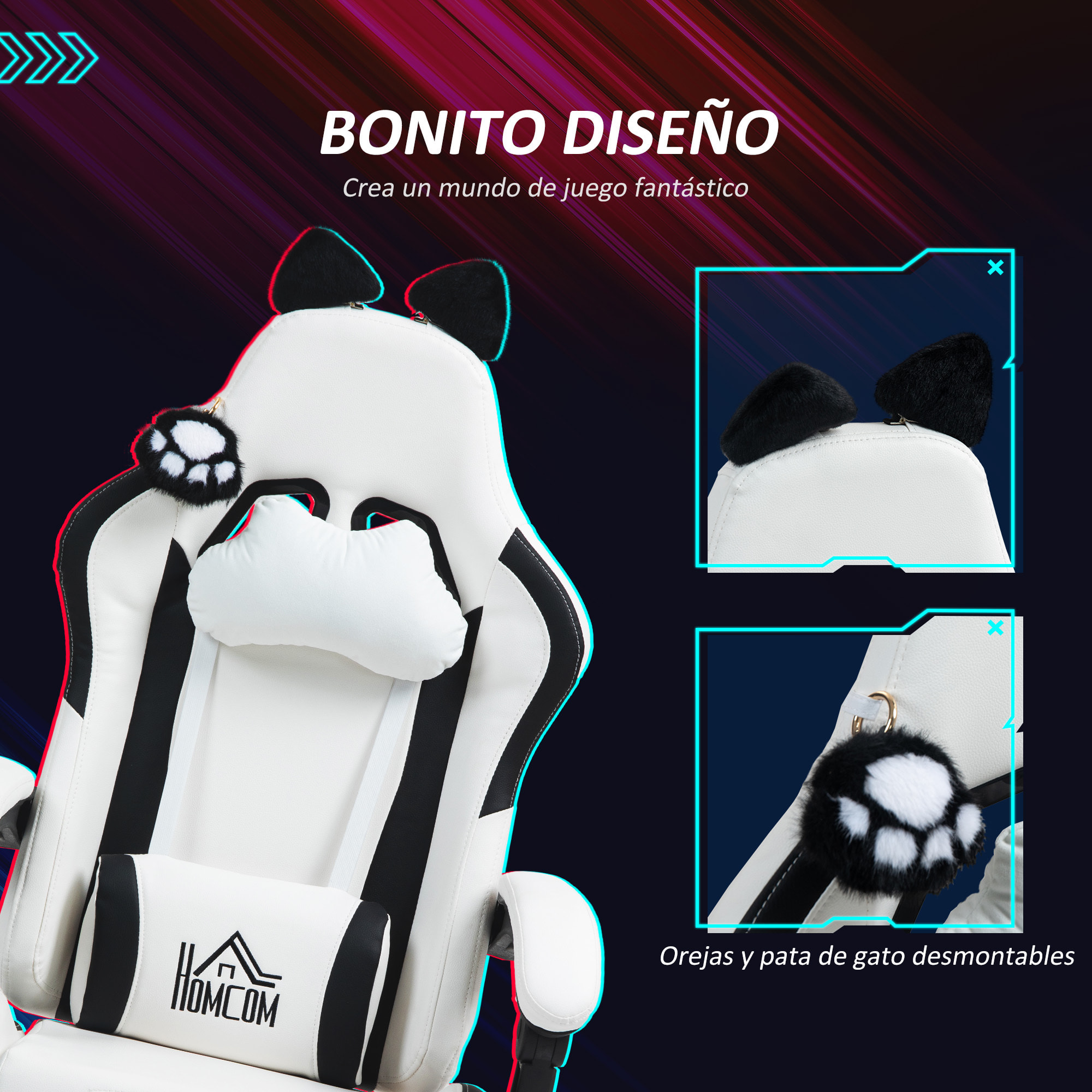 Silla Gaming con Orejas Silla Gamer Reclinable con Altura Ajustable Reposapiés Retráctil Soporte Lumbar y Reposacabezas Desmontable Silla para Oficina Estudio Blanco