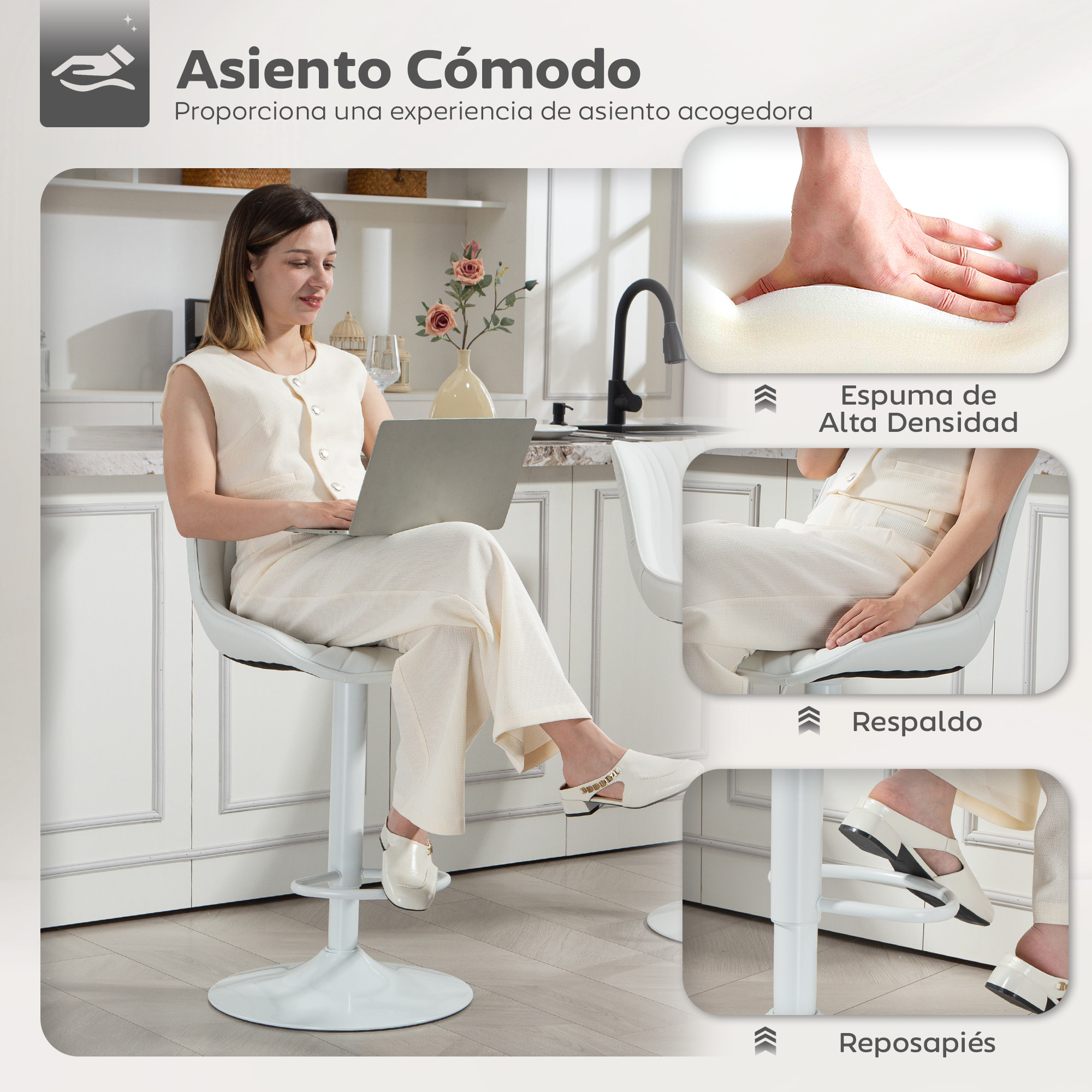 Juego de 2 Taburetes de Bar Taburetes Altos de Cocina Giratorios con Altura Ajustable 92-110 cm Respaldo Asiento de Piel Sintética Marco de Acero y Reposapiés para Comedor Mostrador Blanco