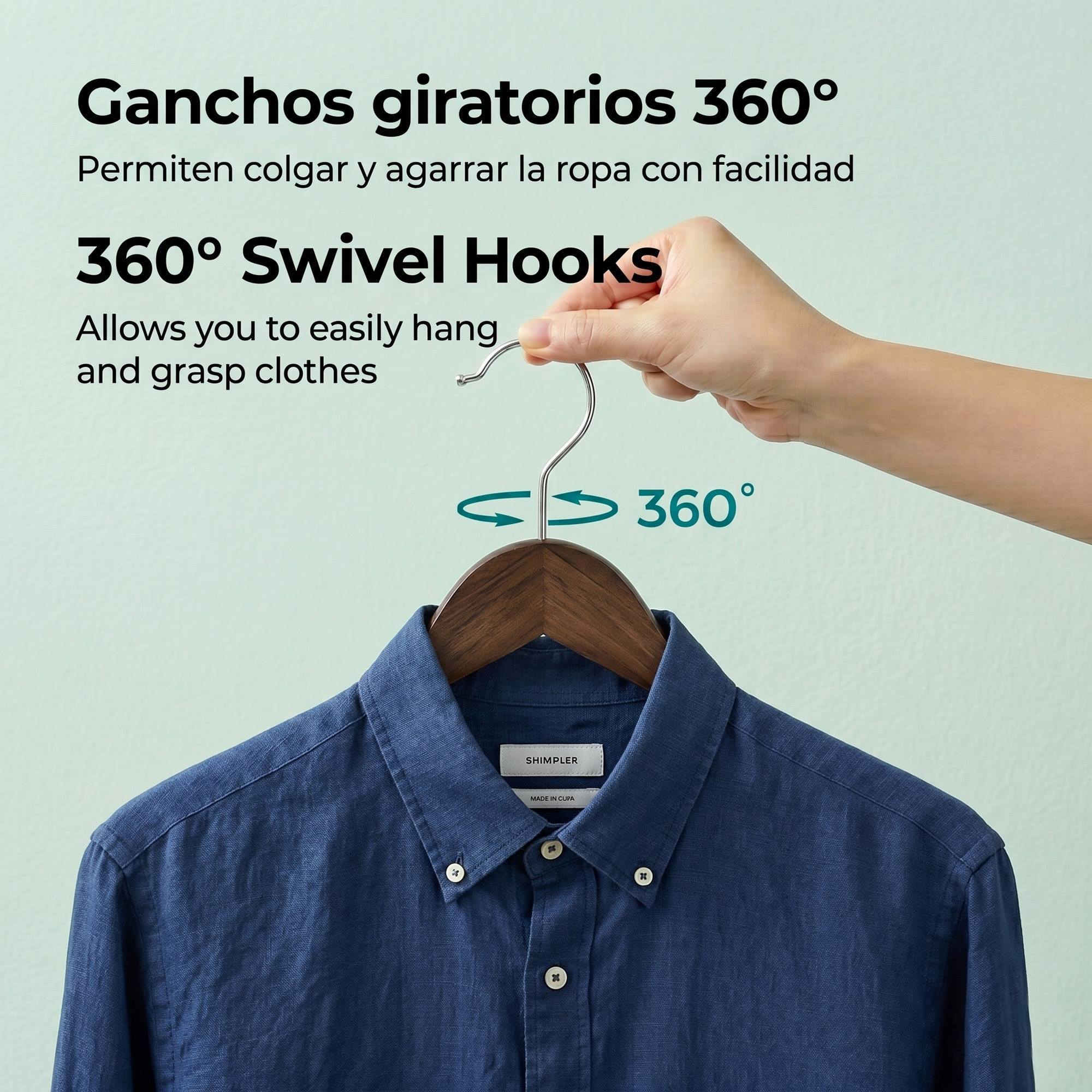 Set de perchas de madera robusta - Gancho giratorios - Muescas antideslizantes