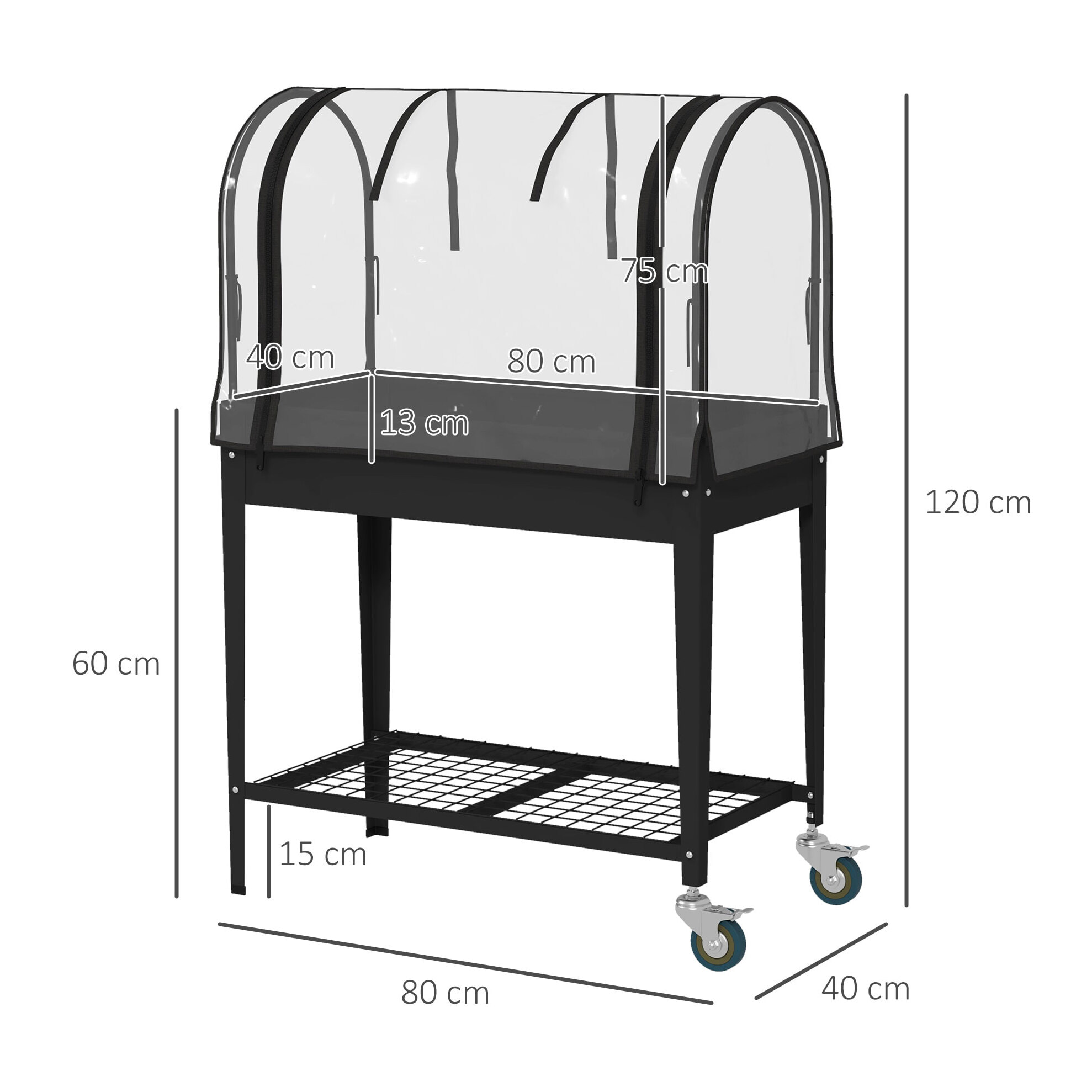 Jardinière surélevée potager avec bâche transparente, mini serre de jardin, 2 roulettes et 1 étagère inférieure pour légumes, fleurs, potager, dim. 80L x 40l x 120H cm