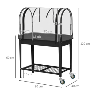 Jardinière surélevée potager avec bâche transparente, mini serre de jardin, 2 roulettes et 1 étagère inférieure pour légumes, fleurs, potager, dim. 80L x 40l x 120H cm