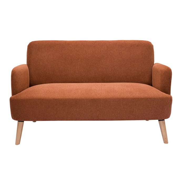 Canapé scandinave 2 places en tissu effet velours texturé terre brûlée et bois clair ISKO