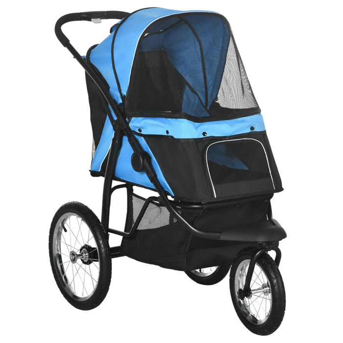 PawHut Carrito para Perros Plegable Cochecito para Mascotas Carrito para Perros Medianos Pequeños con Cesta de Almacenaje Capota Ajustable Ventana de Malla y 3 Ruedas Grandes 111x58x107 cm Azul
