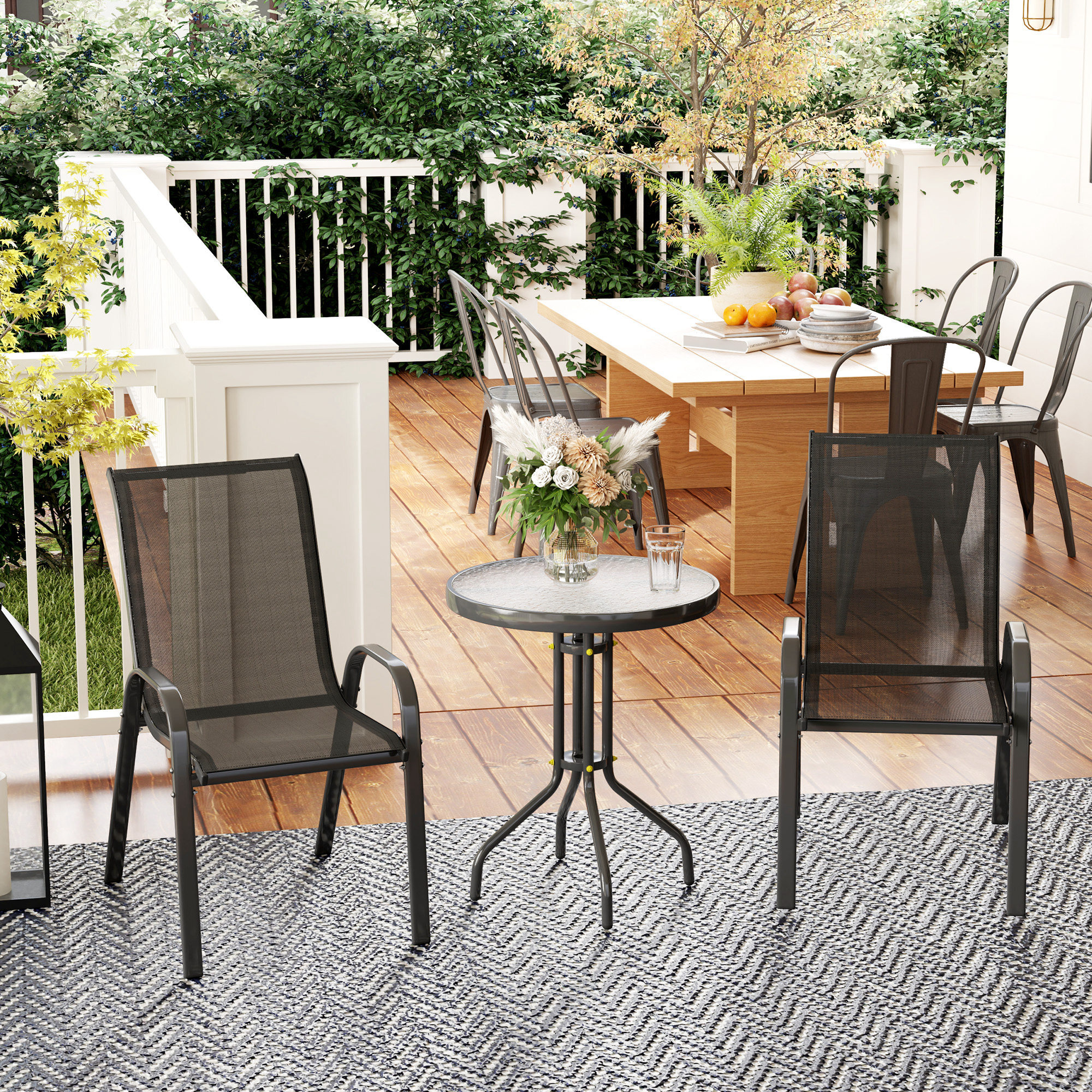 Conjunto de Mesa y Sillas de Terraza Exterior de 3 Piezas Muebles de Jardín Exterior con Sillas Apilables Encimera de Vidrio y Estructura de Acero para Patio Negro