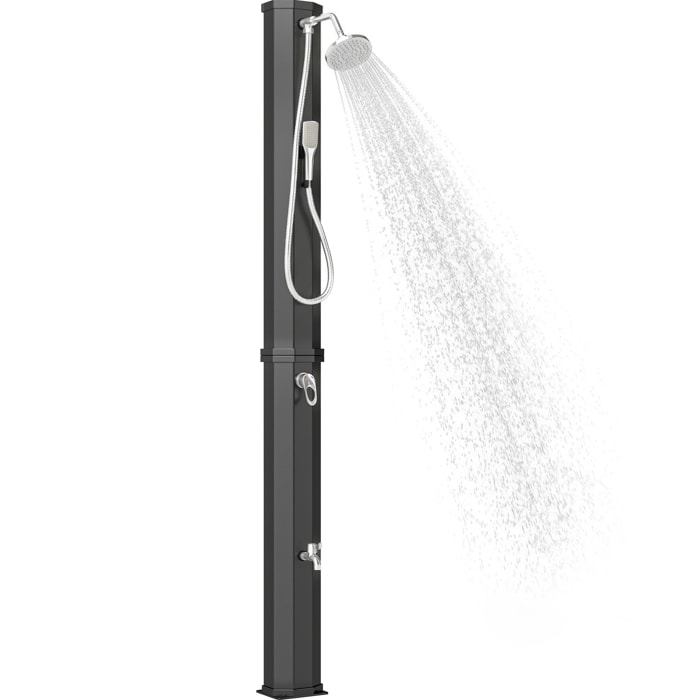 Ducha Solar de Jardín 60 L Ducha Solar Exterior con Cabezal Rociador de Mano Grifo de Pies Agua Fría y Caliente Máx. 60 °C Conexión Manguera para Piscina Camping Patio 21,8x18,2x227 cm Negro