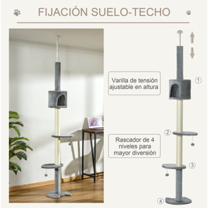 árbol Rascador para Gatos Altura 217 cm Cueva Bola Colgante Gris