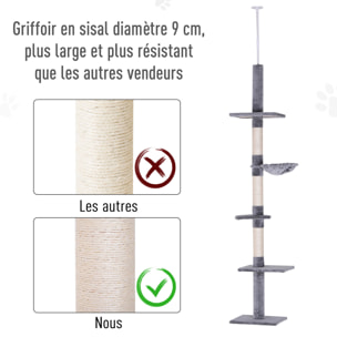 Arbre à chat poteau à griffer L40 x l 34 x H 230-260 cm 5 niveaux d'activités gris