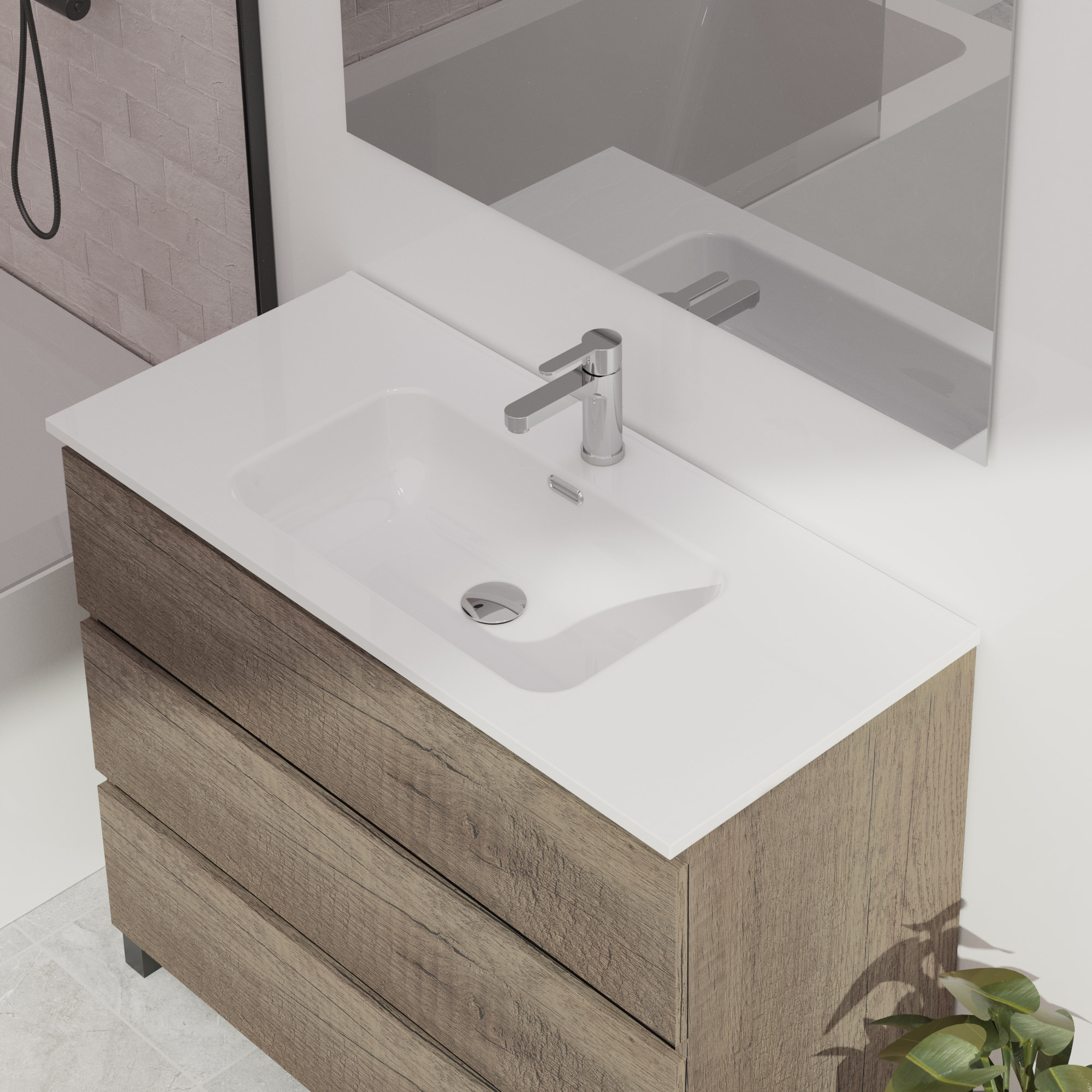 Conjunto de baño Wink | 100 cm Nebraska | Tres cajones | Lavabo encastrado | No incluye espejo | Mueble montado | Alday