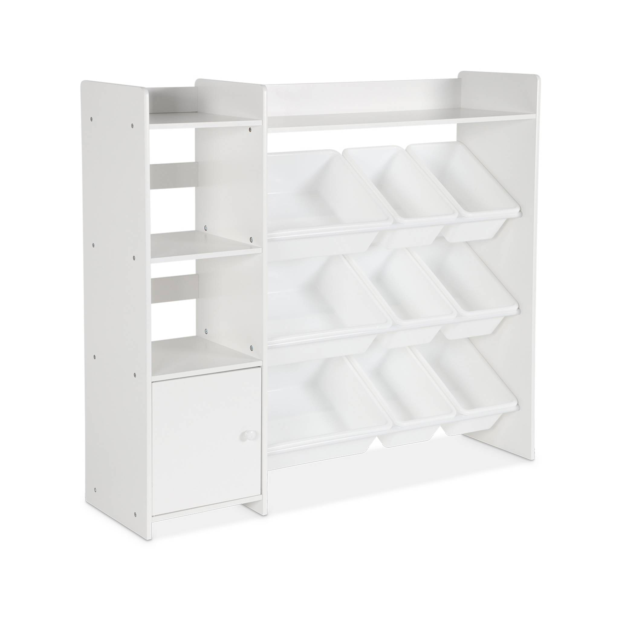 Meuble de rangement enfant. blanc. 9 bacs de rangement. 4 étagères. 1 porte