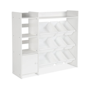 Meuble de rangement enfant. blanc. 9 bacs de rangement. 4 étagères. 1 porte