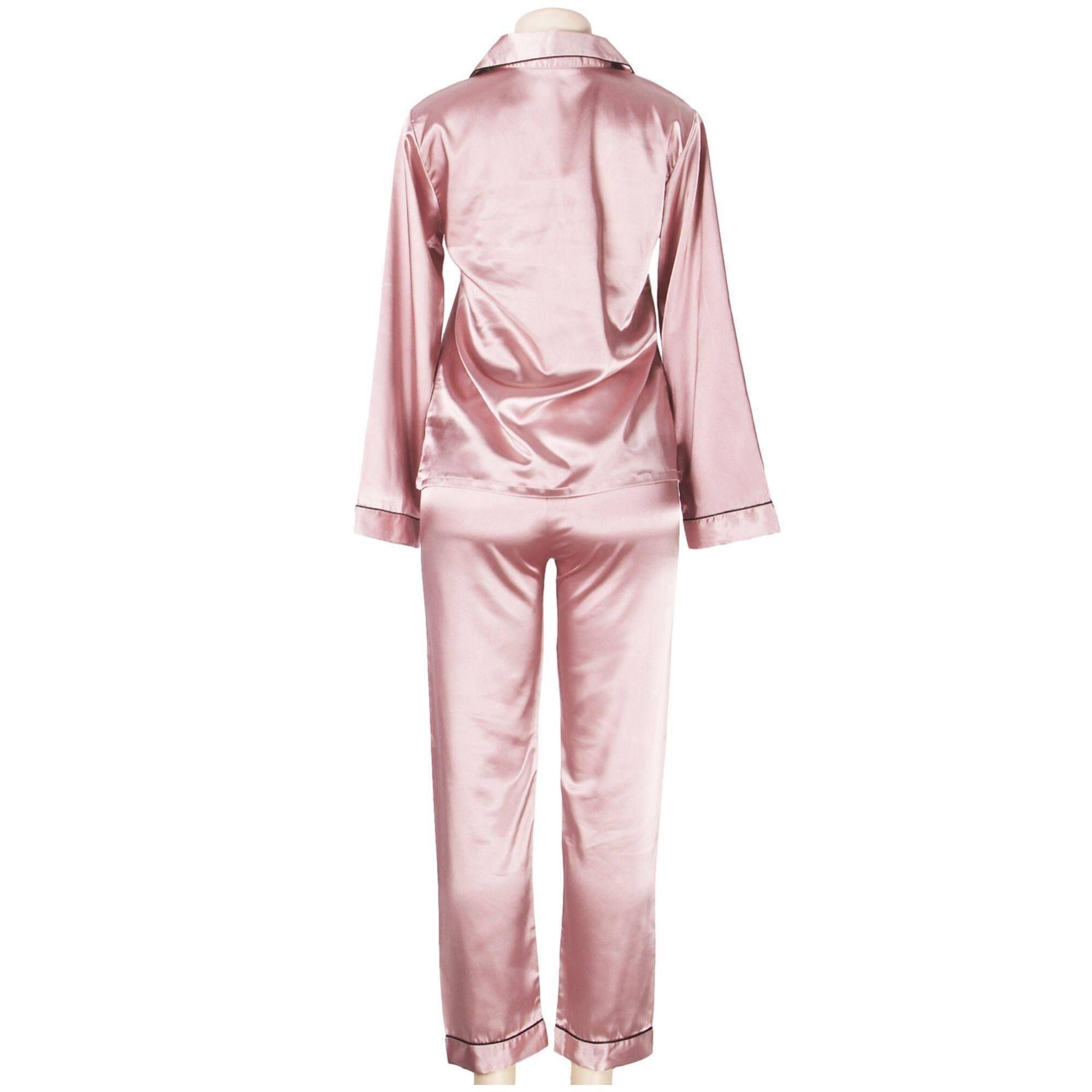 Conjunto de dos piezas ropa de dormir de seda clásica de manga larga rosa