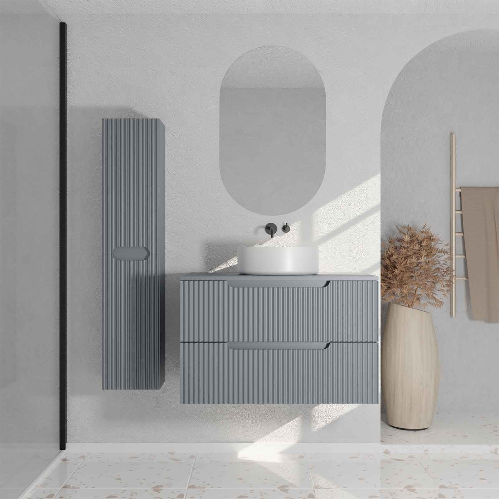 Meuble et colonne de Salle de Bains LEON 80cm Gris souris - Façades Ondulées - Vasque Ronde 36cm