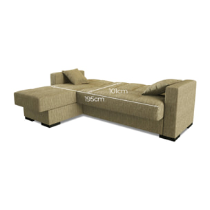 Divano letto Fernando, Divano letto ad angolo con penisola reversibile, Sofà contenitore da soggiorno con chaislongue e 2 cuscini, Cm 230x150h81, Beige