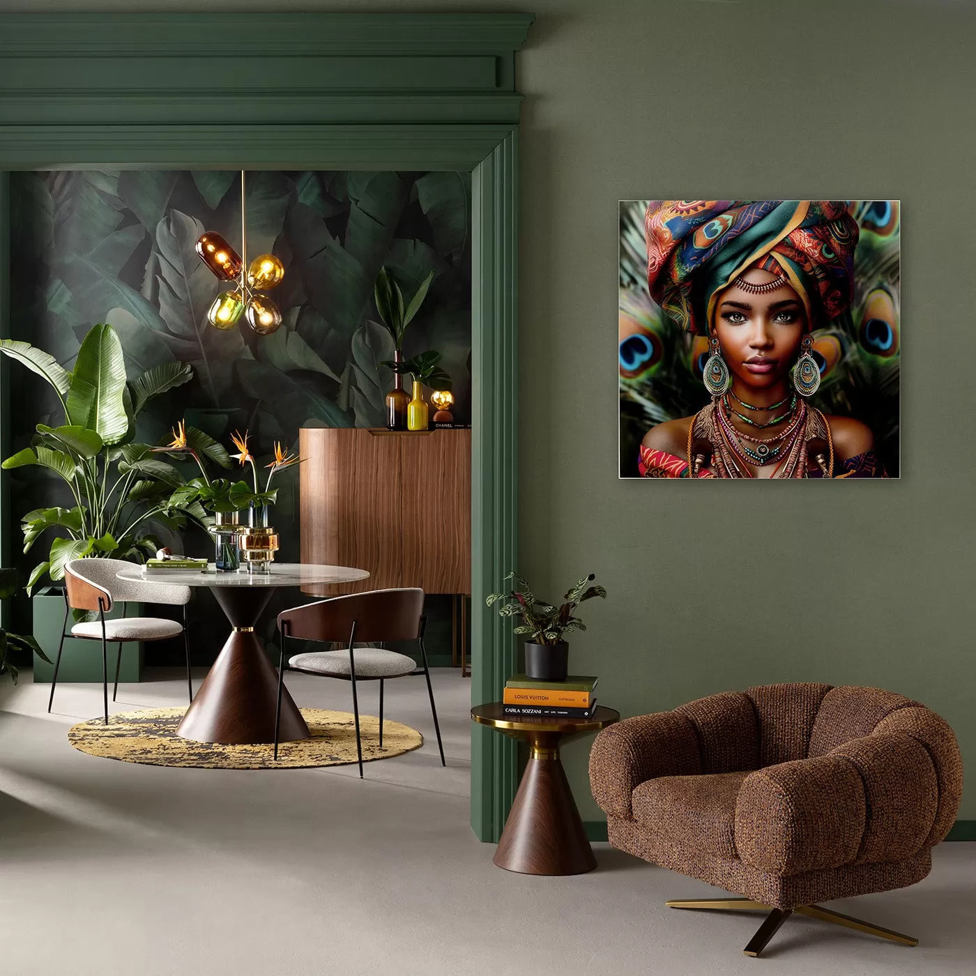 Tableau en verre femme paon 100x100cm Kare Design