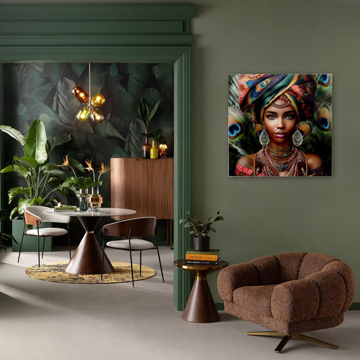 Tableau en verre femme paon 100x100cm Kare Design