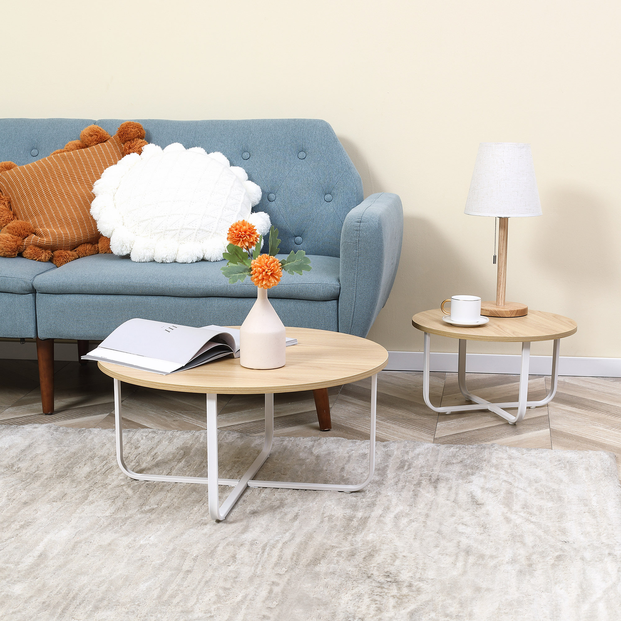 Juego de 2 Mesas de Centro Ø65x32 cm y Ø45x26 cm con Encimera de Madera Natural